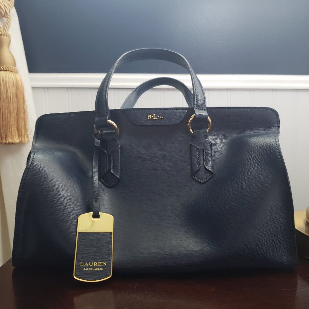 Polo by Ralph Lauren Navy Leather Tote with Gold Hardware